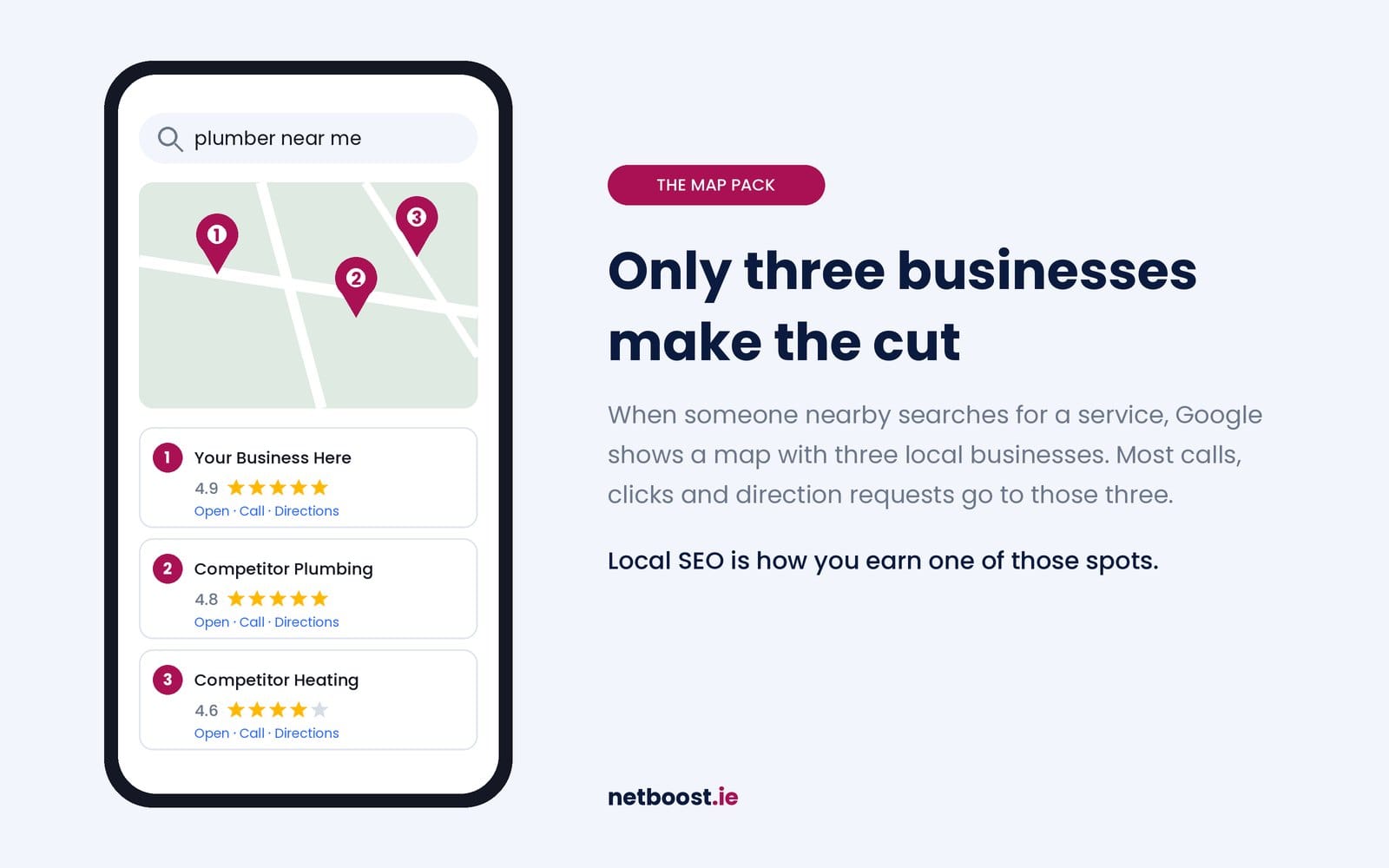Local SEO for Small Businesses in Ireland: A Beginner's Guide 1 Google map pack showing three local businesses for a plumber near me search