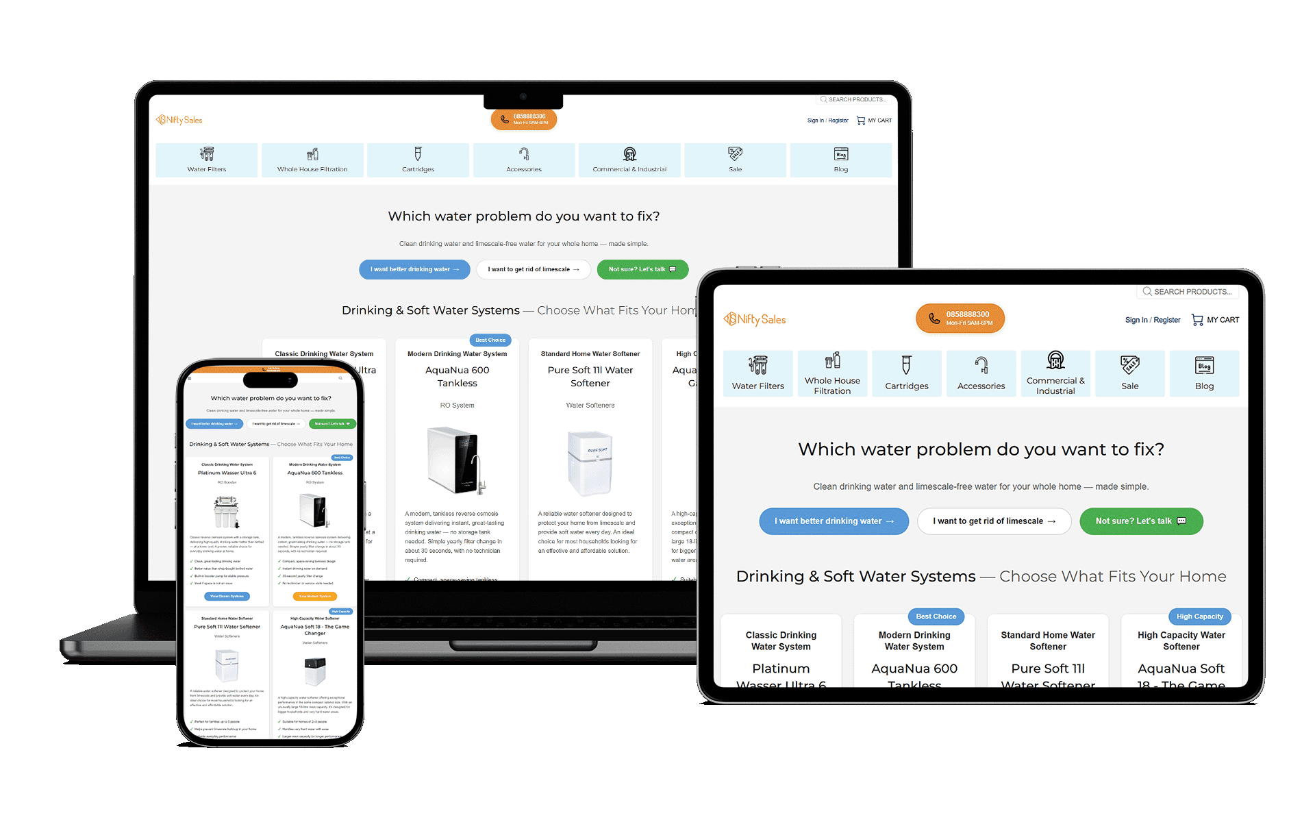 Nifty Sales homepage — custom Shopify eCommerce web design and development by Netboost for an Irish water filter and softener supplier