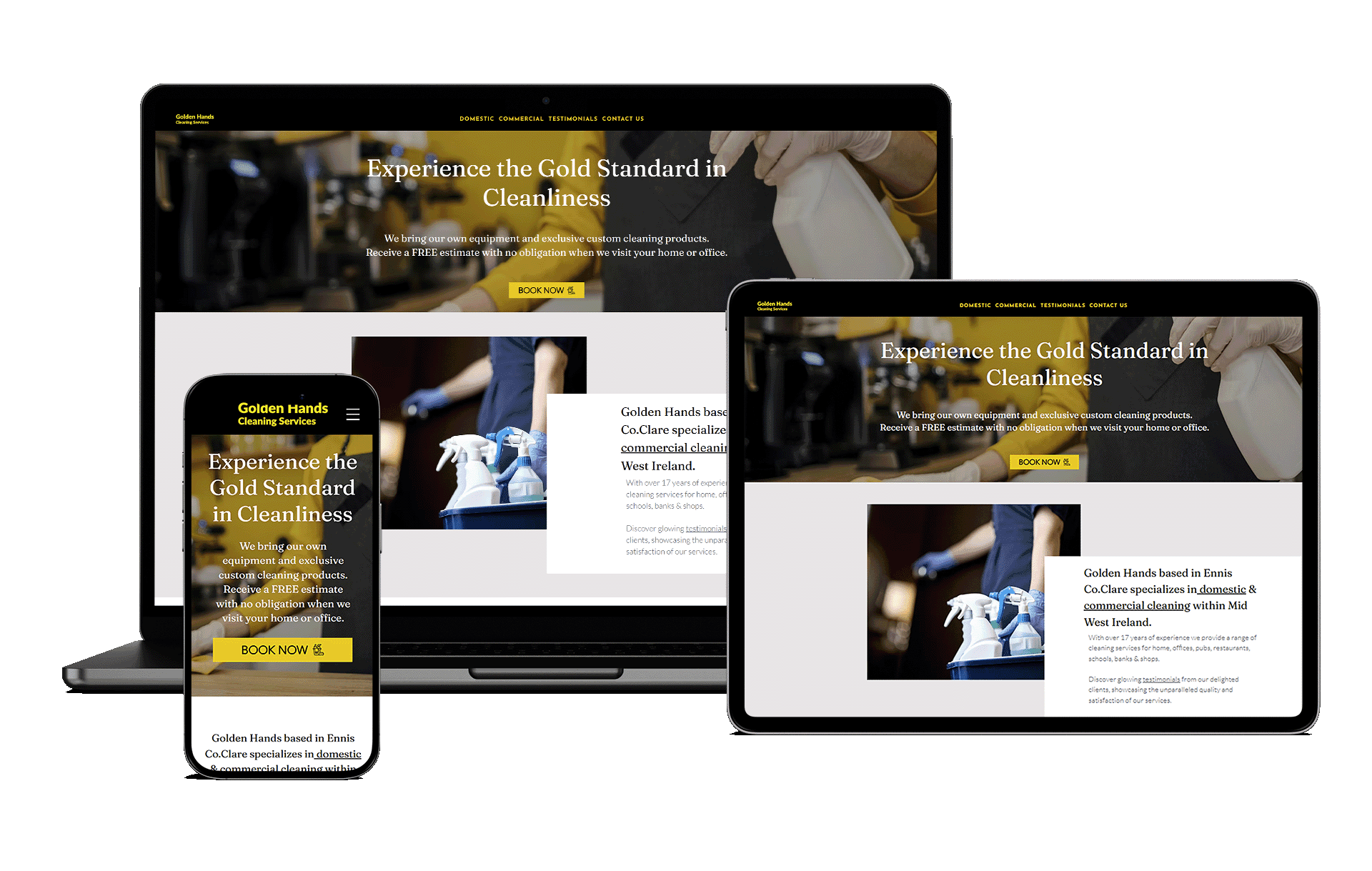 Golden Hands Cleaning Services homepage — Wix brochure website design by Netboost for a domestic and commercial cleaning company based in Ennis, Co. Clare