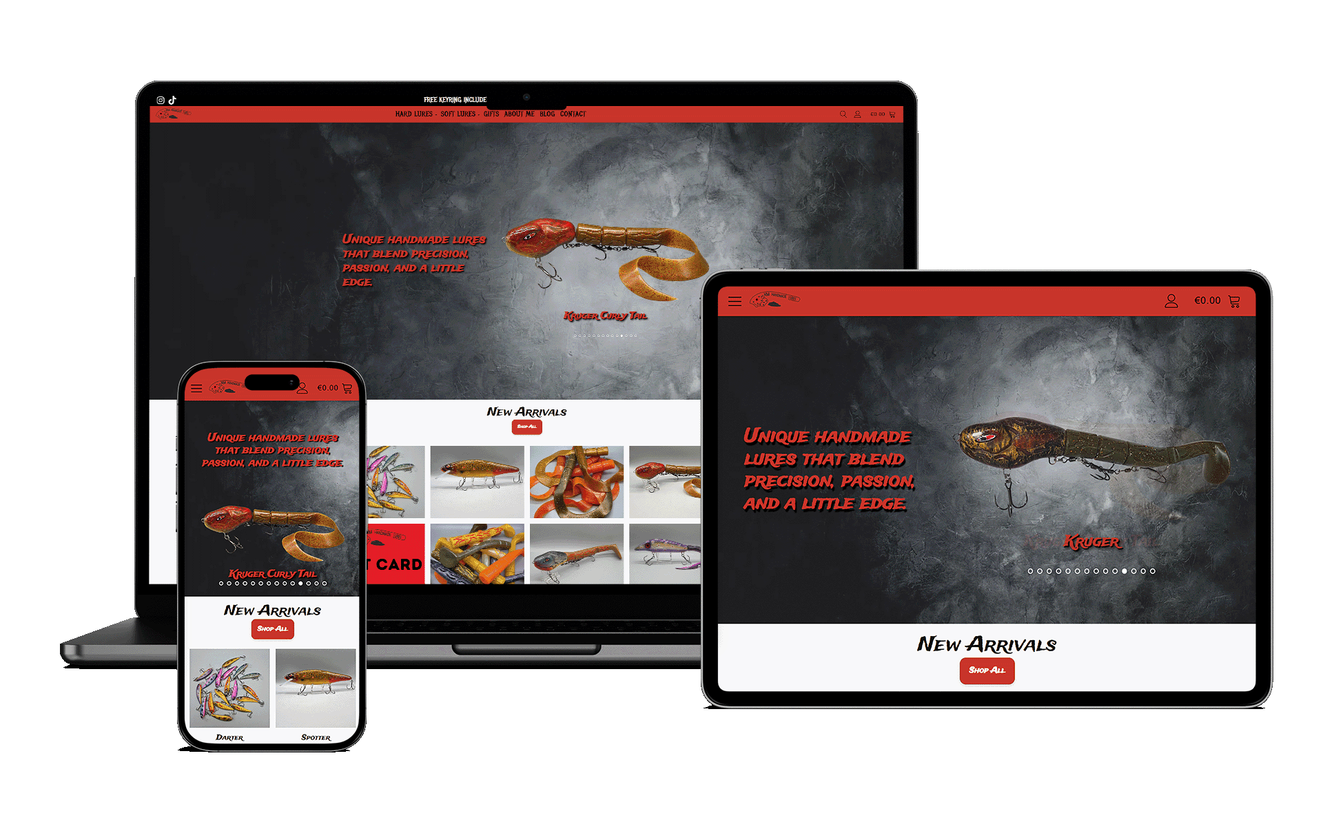 KM Handmade Lures homepage — custom WooCommerce eCommerce web design by Netboost for an Irish handmade fishing lure maker, featuring bold heavy metal-inspired design and custom free gift functionality