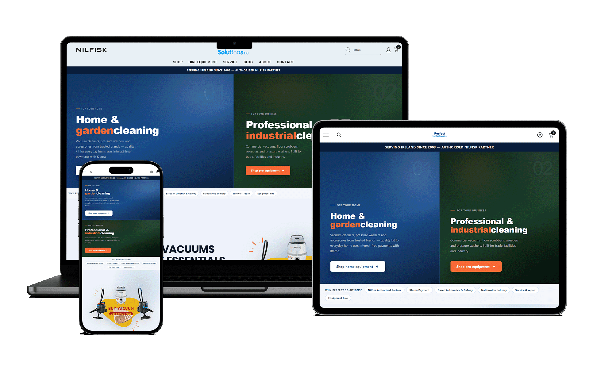 Perfect Solutions Ltd eCommerce website — custom Shopify store designed and developed by Netboost for an Irish cleaning equipment supplier and authorised Nilfisk partner, Limerick and Galway
